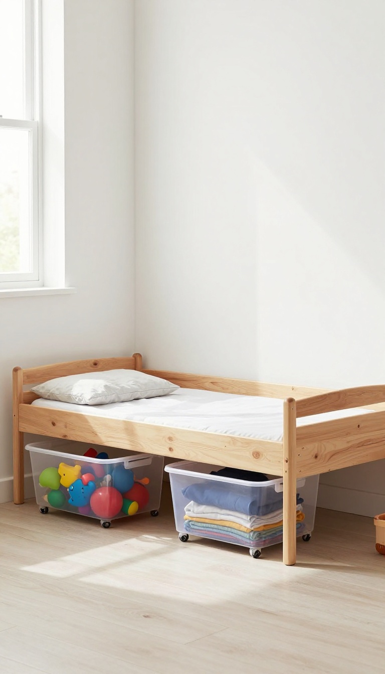 Under-bed storage drawers in a kids' bedroom