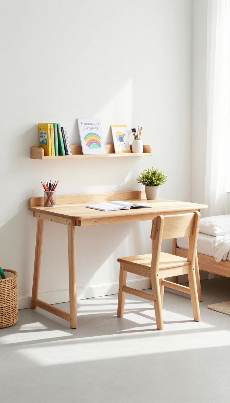 Wall-mounted fold-out desk in a boy's bedroom with a chair and supplies, showing a flexible study setup.