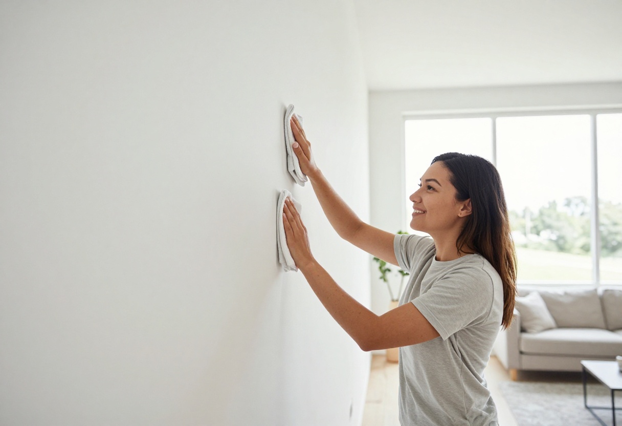 Person cleaning a wall with a microfiber cloth in a bright room