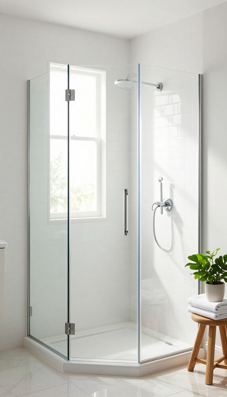 Frameless glass shower enclosure in a bright, modern bathroom with natural light and spa-like details.