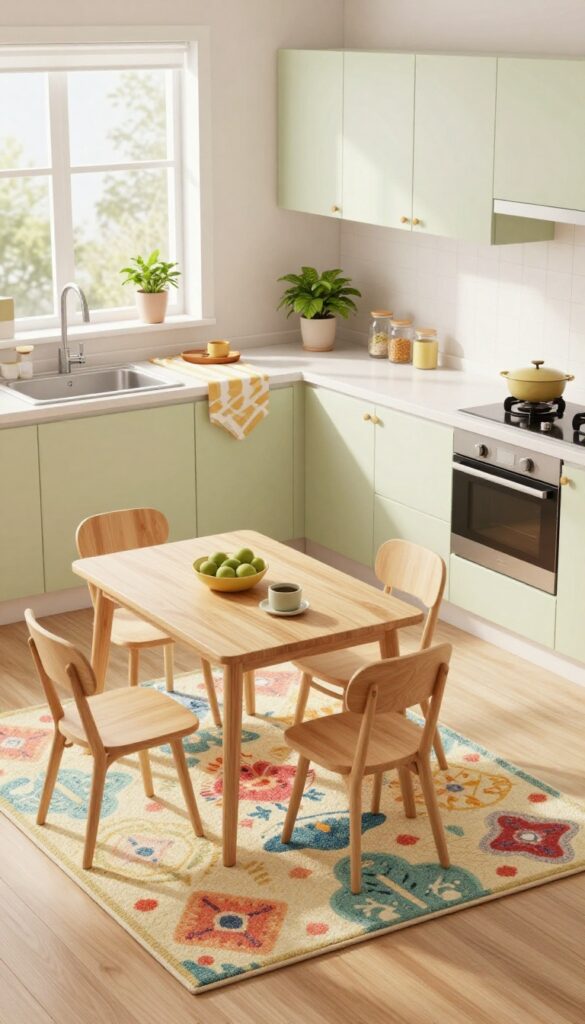 Tocaboca kitchen with rugs defining dining and sink zones