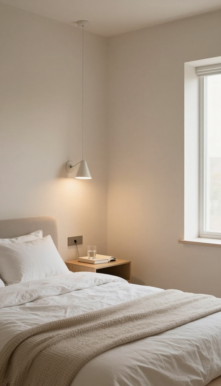 Cozy couple's bedroom with wall-mounted sconces providing individual lighting, warm neutral tones, and bright natural light.