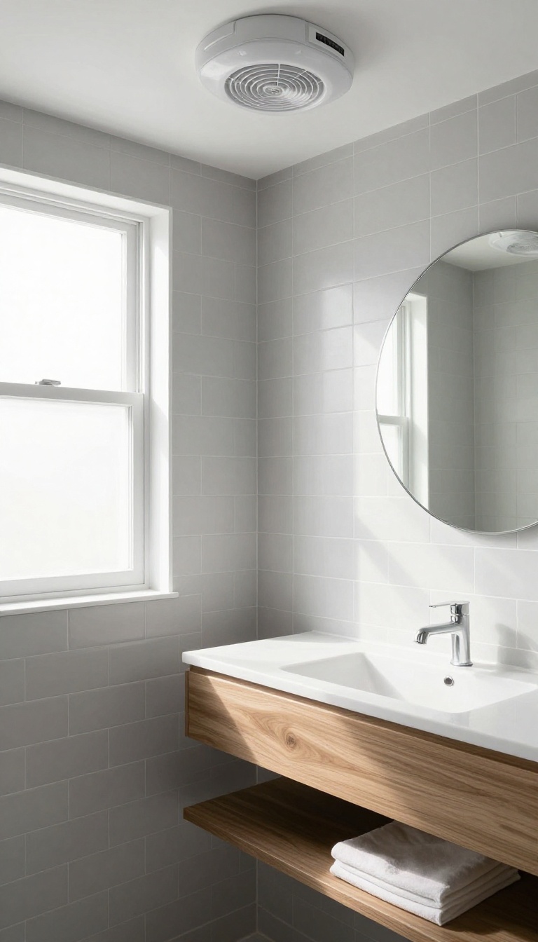 Modern guest bathroom with a humidity-sensing ventilation fan near the shower