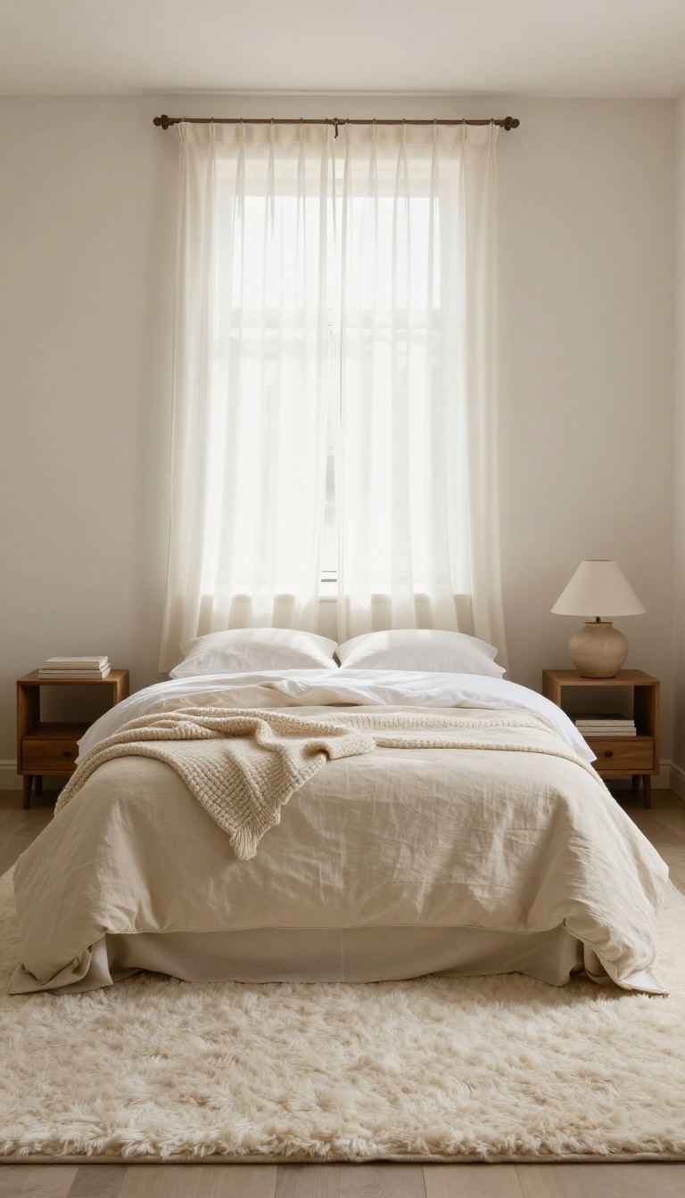 Cozy small bedroom with a plush cream rug under a bed, defining the space with warm neutral tones and soft natural light.