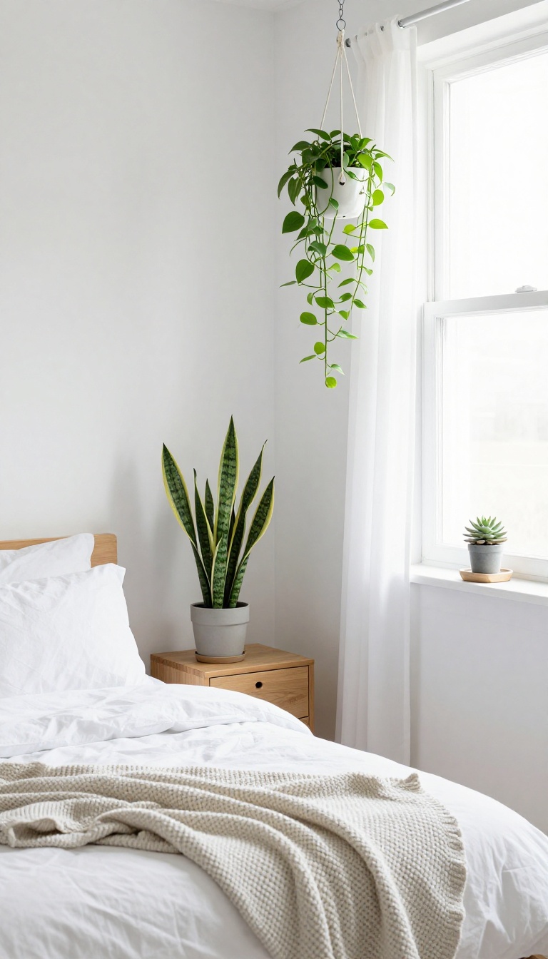 Small bedroom with snake plant on nightstand, hanging pothos by window, and succulent on shelf, bright and airy