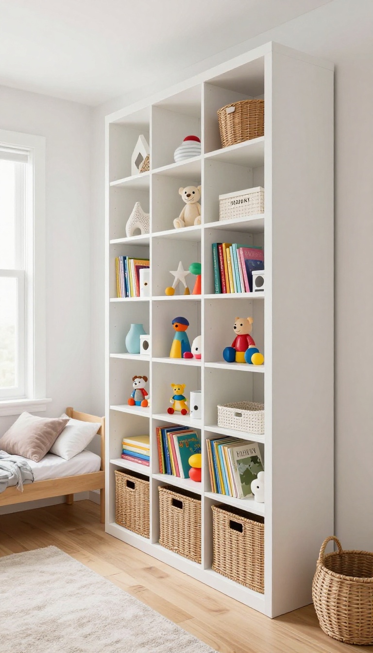Kids bedroom with tall shelving units maximizing vertical space, organized with toys and baskets, bright natural light