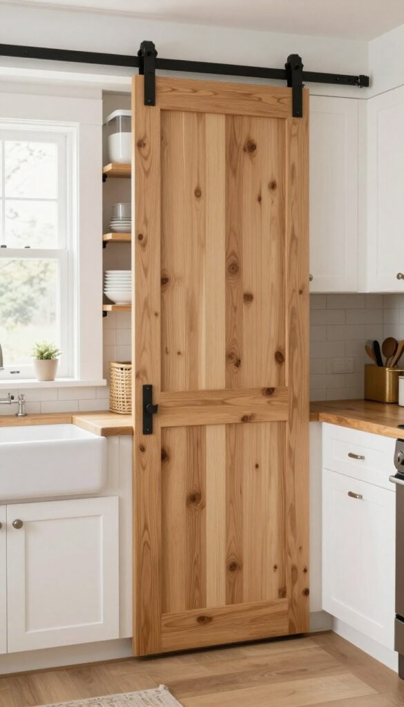 Sliding barn door pantry in a bright barndominium kitchen with natural wood door and organized interior