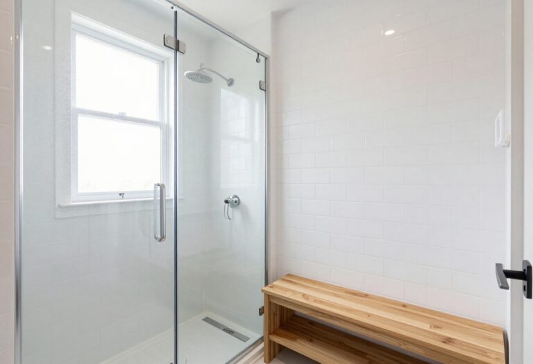 Compact bathroom with frameless glass shower and teak bench