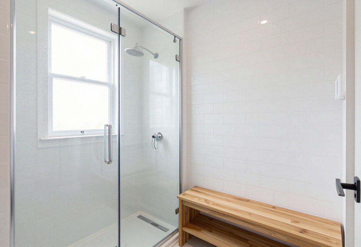 Compact bathroom with frameless glass shower and teak bench