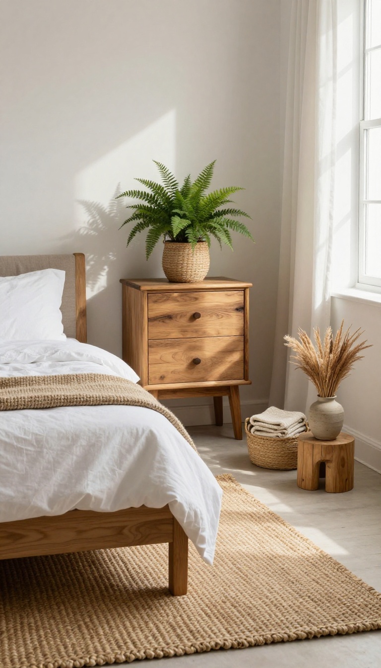 Guest bedroom with natural decor elements including a potted fern, woven basket, and wooden stool