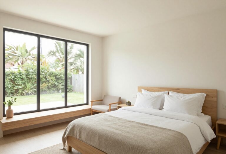 Modern guest house interior with cozy bed and seating area