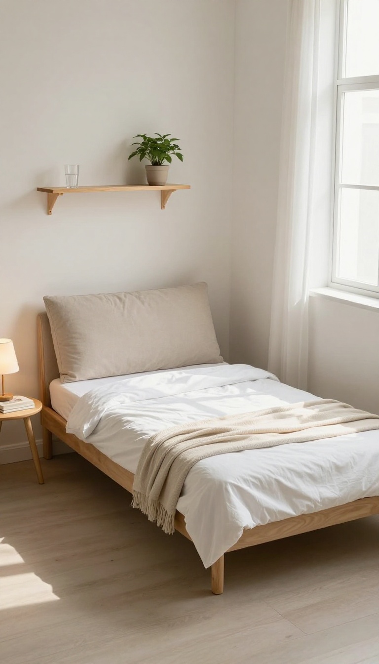 Wall-hugger sofa bed in a small guest room with side table, lamp, and floating shelf, showcasing a space-saving setup.