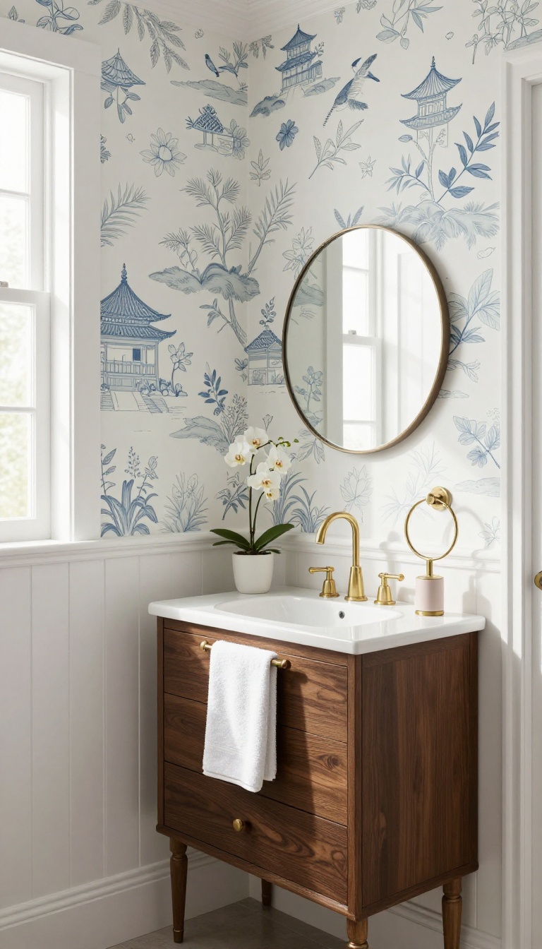 Guest bathroom with blue and white chinoiserie wallpaper, dark wood vanity, and brass fixtures