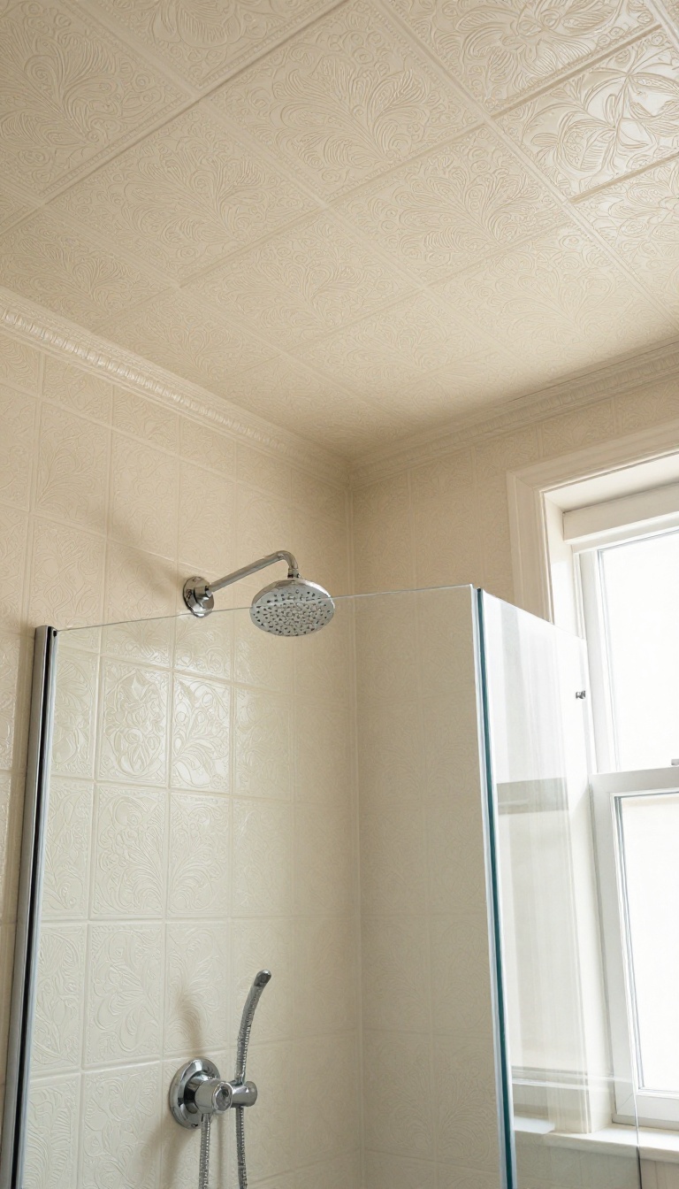 Faux tin tiles on a shower ceiling in a cream damask pattern, with a modern glass shower and rainfall head below.