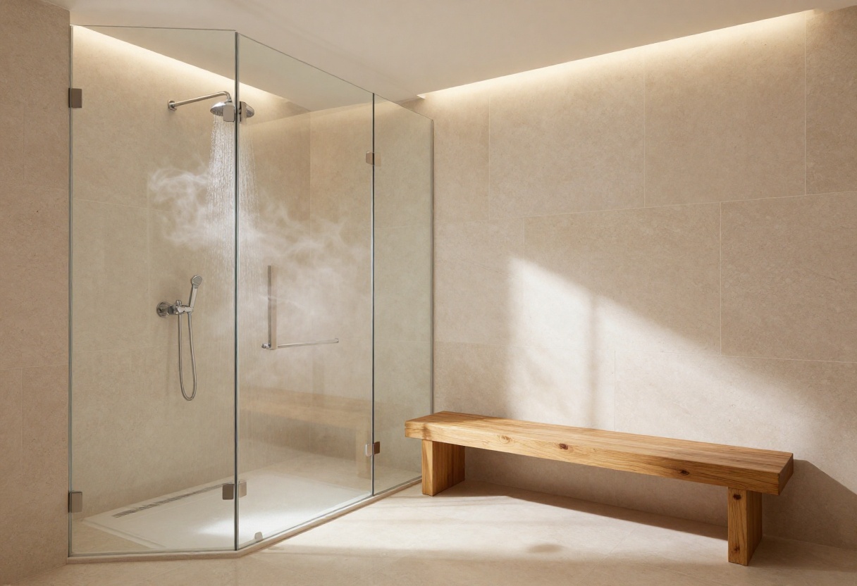 Modern spa-like shower with rainfall showerhead and teak bench