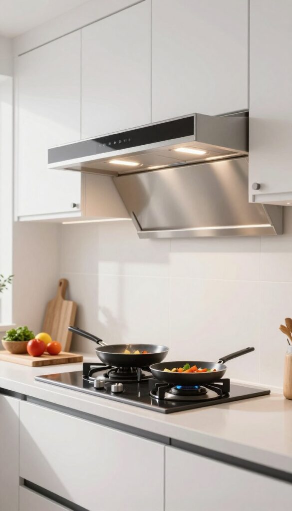 Under-cabinet range hood with LED lighting illuminating a cooktop in a modern kitchen