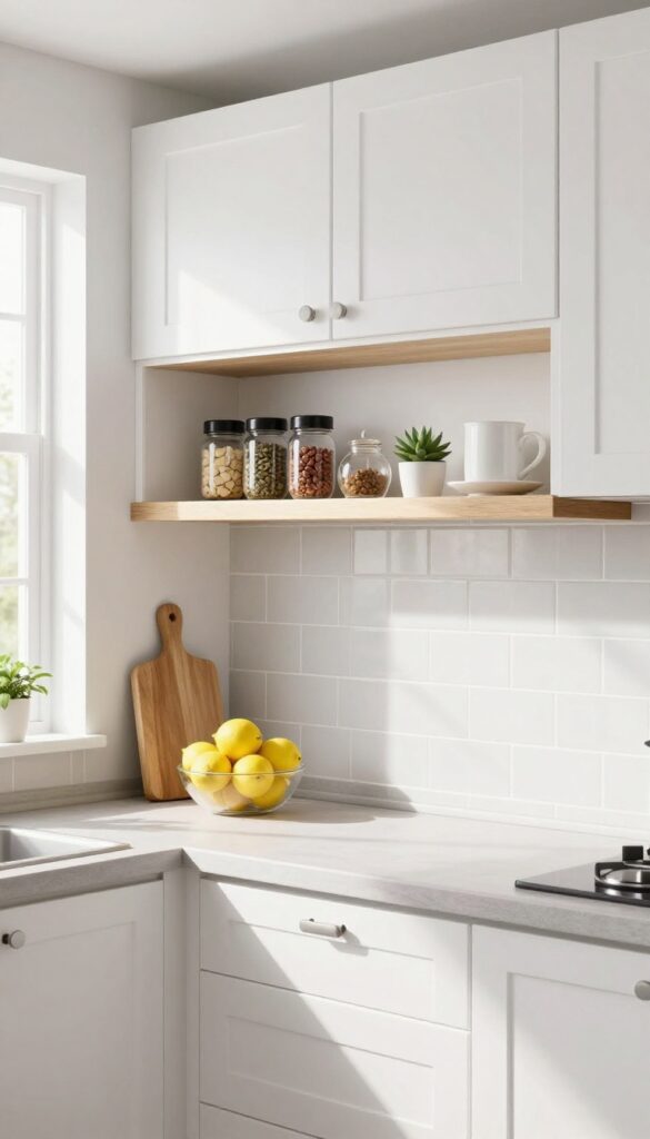 Under-cabinet wooden shelf in a bright kitchen holding spices, mugs, and a succulent, styled neatly for extra storage and decor.