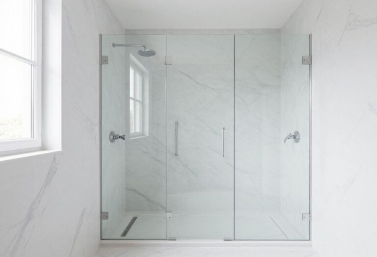 Modern shower with large white marble tiles and glass enclosure