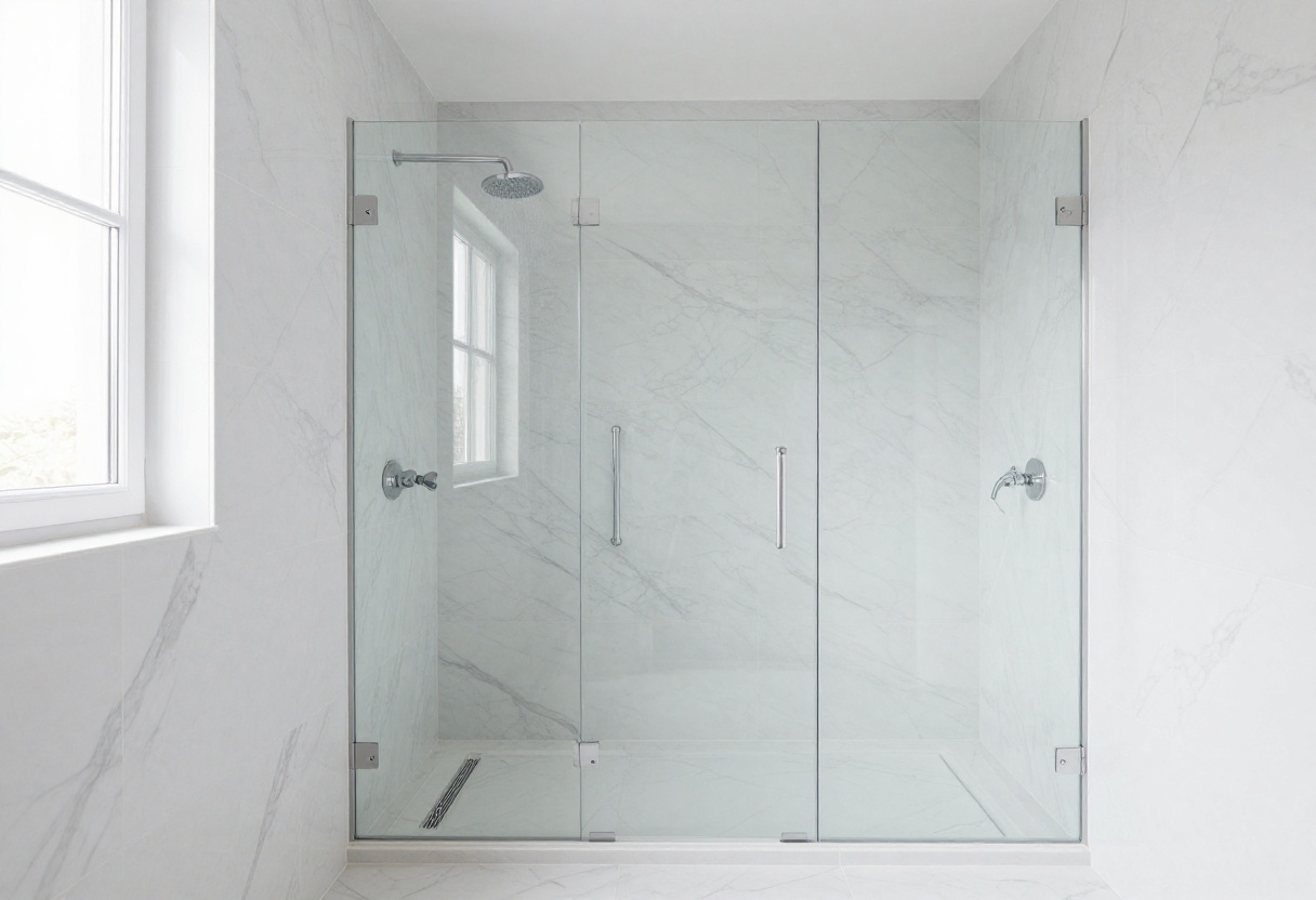 Modern shower with large white marble tiles and glass enclosure