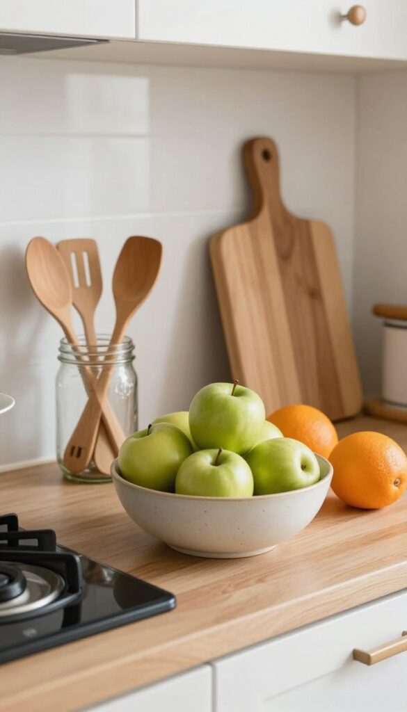 A cozy virtual kitchen counter with a fruit bowl, utensil holder, and cutting board, styled with functional clutter.