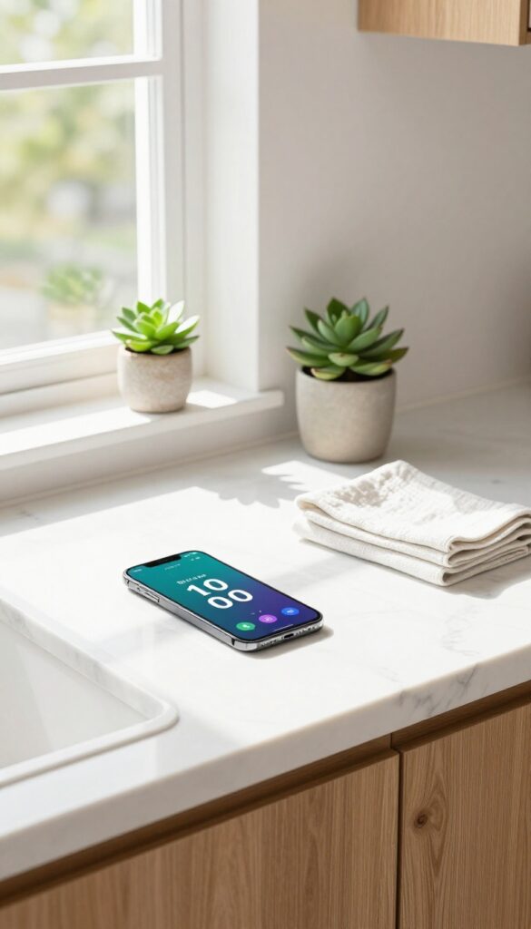 A clean kitchen counter with a smartphone timer and a potted plant, representing a 10-minute daily reset routine.