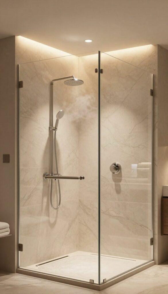 Modern shower with warm dimmable LED recessed lights creating a relaxing spa-like atmosphere