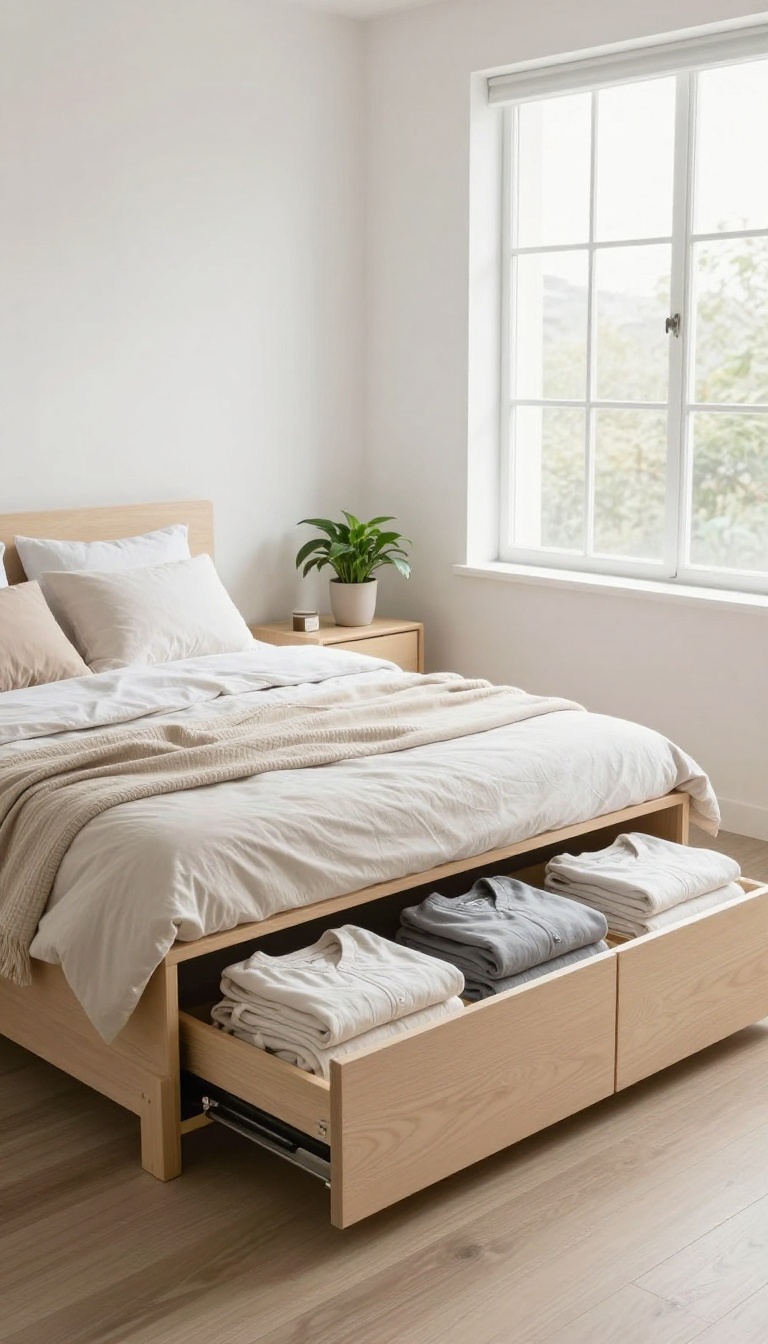 Small bedroom with a platform bed featuring built-in under-bed storage drawers, bright natural light, clean minimalist decor.