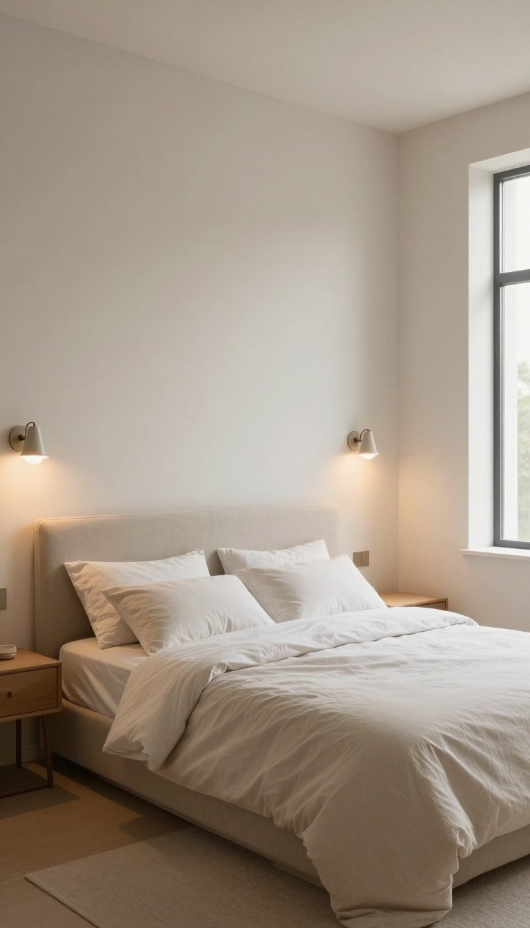 A small bedroom with wall-mounted sconces above the bed, freeing up floor space and adding warm lighting.