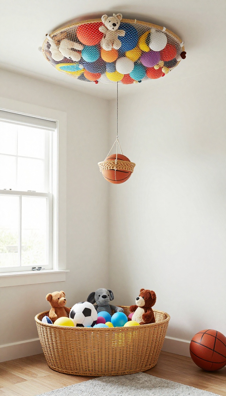 Boy's bedroom with ceiling-mounted mesh net and woven basket storage holding toys and balls, bright natural light, playful and organized.