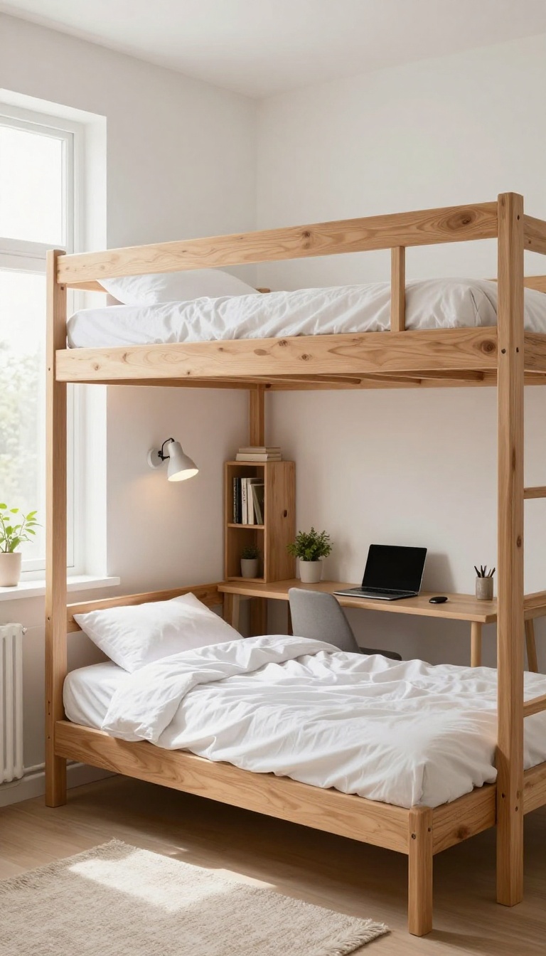 Loft bed with a workspace below in a bright, small room