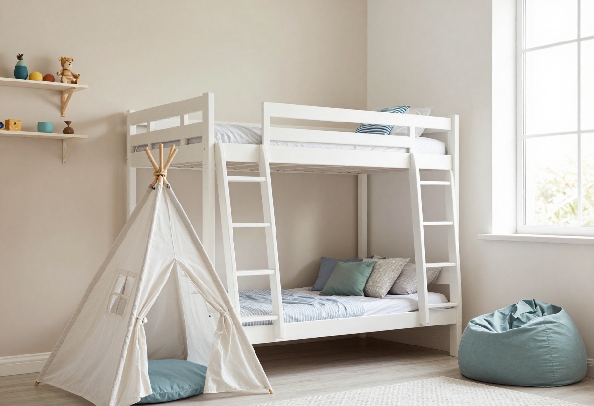 Small boys bedroom with loft bed and play area underneath