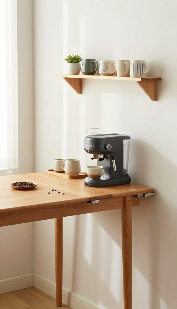 Fold-down coffee station in a small kitchen with espresso machine and mugs