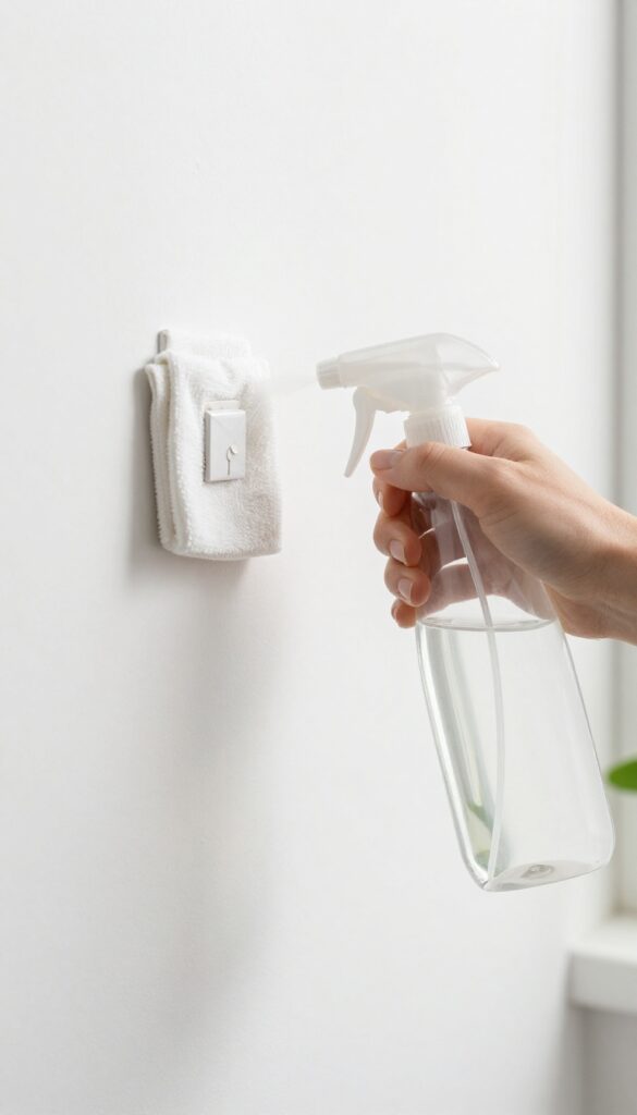 Hand spraying vinegar solution onto a wall with a microfiber cloth nearby