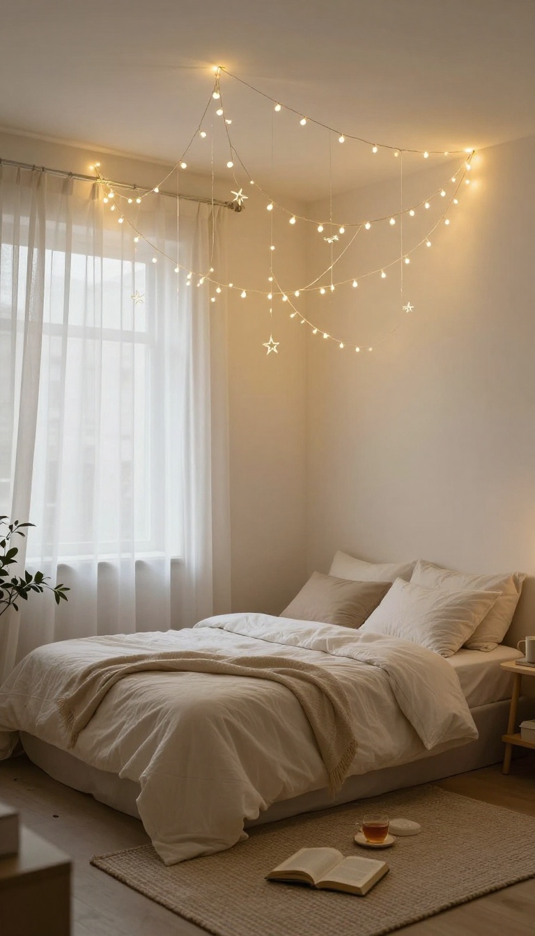 Small cozy bedroom with fairy lights hanging from the ceiling creating a starry canopy effect