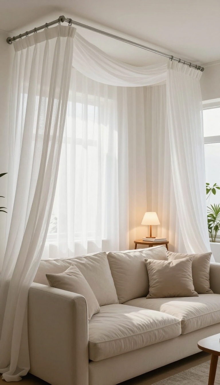 Sofa bed with sheer canopy curtains in a bright living room, creating a private guest nook