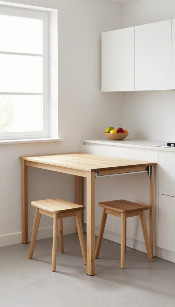 Modern small kitchen with a wall-mounted fold-down table and stools, bright and airy