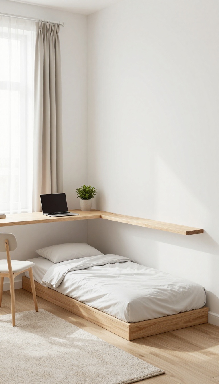 A small room with a Murphy bed folded up against the wall and a built-in desk underneath, styled as a home office with natural light.