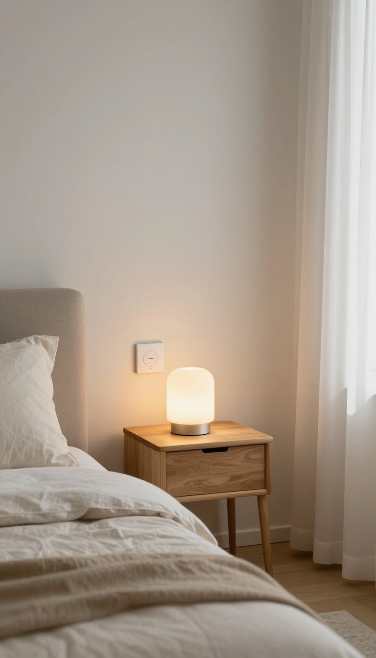 Guest bedroom with a dimmer switch on the wall, soft lighting, and cozy decor