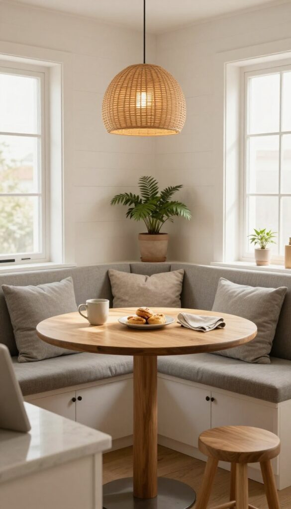 Cozy kitchen corner with a built-in gray banquette and round wooden table, set with a simple breakfast, in bright natural light.
