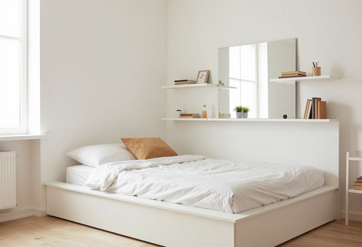 Small box bedroom with smart storage and light colors
