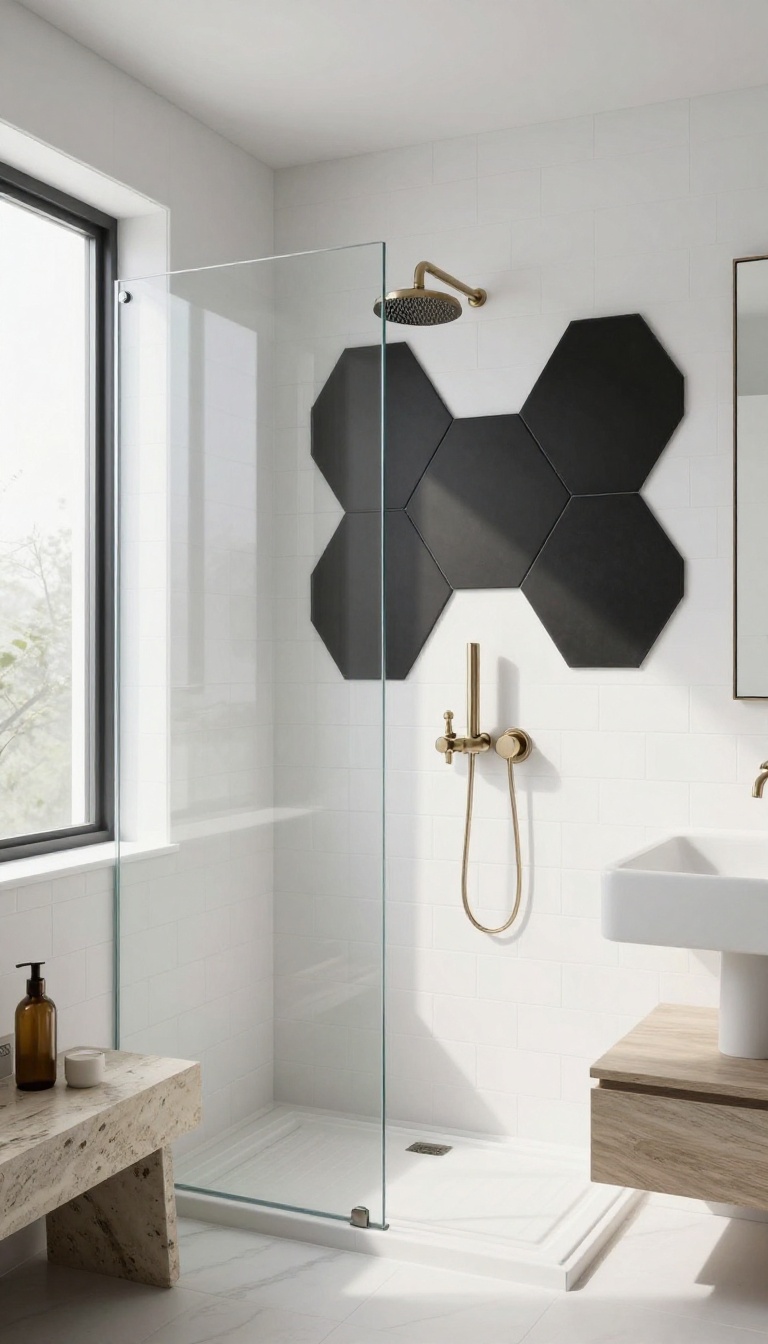 Modern bathroom shower with a bold geometric hexagon tile accent wall in black and white, creating a clean focal point.