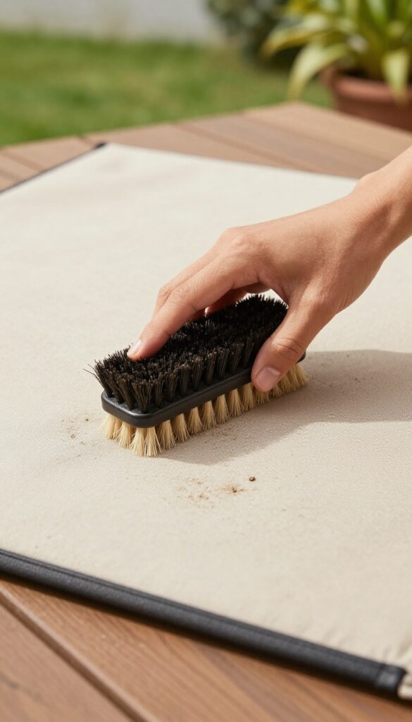 Dry brushing outdoor cushions to remove loose dirt and dust before cleaning