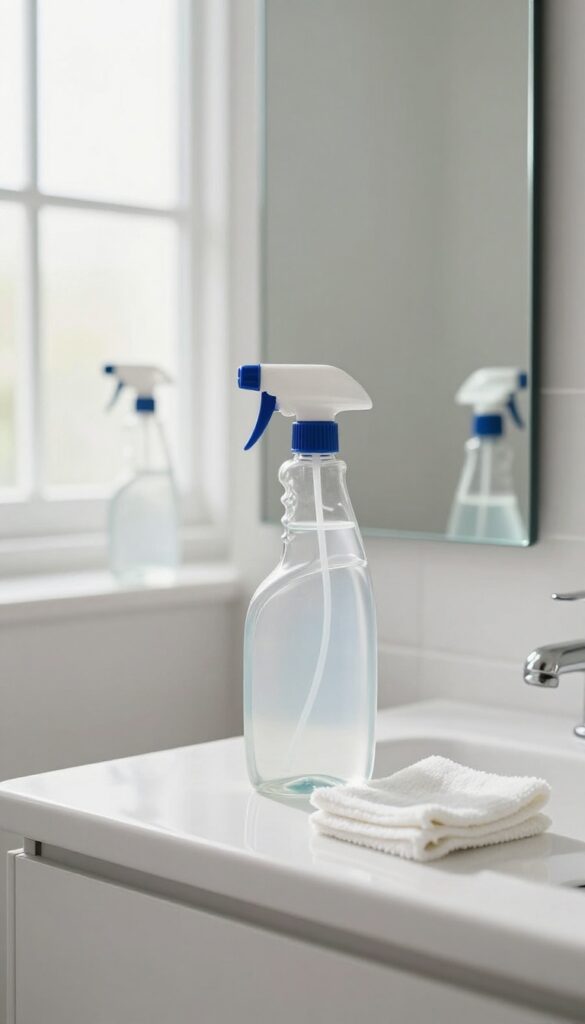 Sparkling clean mirror with glass cleaner and cloth on a bathroom sink