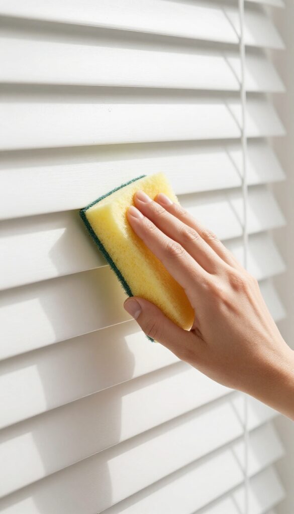 Hand cleaning white blinds with a yellow sponge in bright sunlight