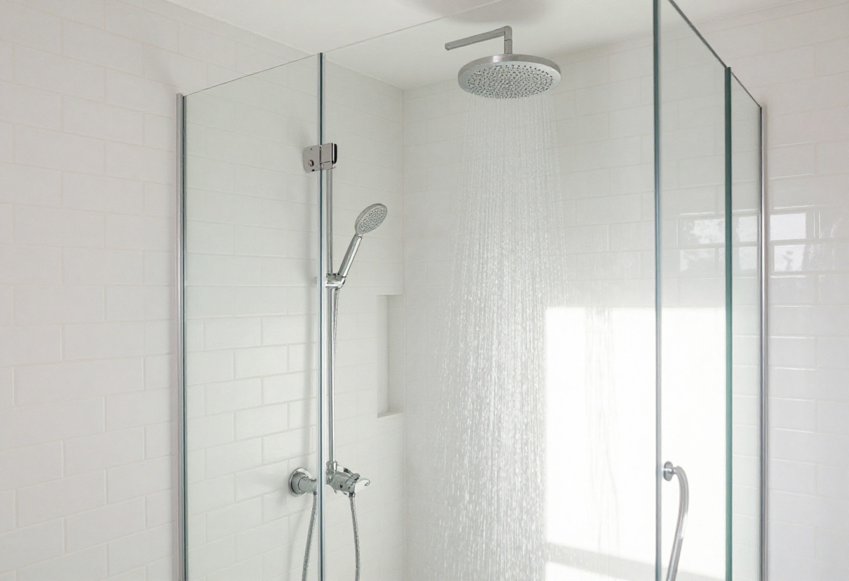 Bright white tile shower with glass door and rainfall showerhead