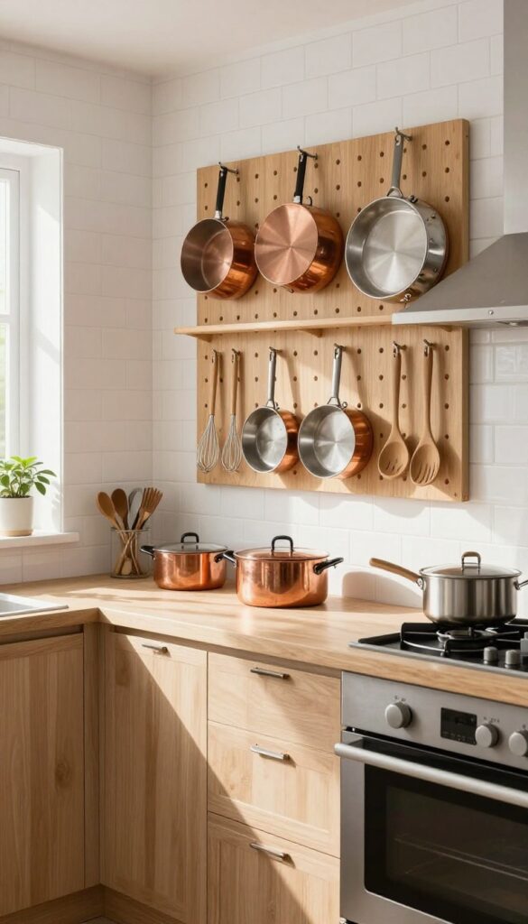A wooden pegboard mounted on a kitchen wall holds pots, pans, and utensils near the stove, keeping them organized and within reach.