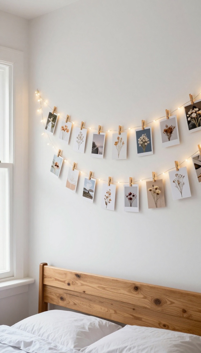Cozy bedroom wall with fairy lights and clipped photos creating a glowing collage