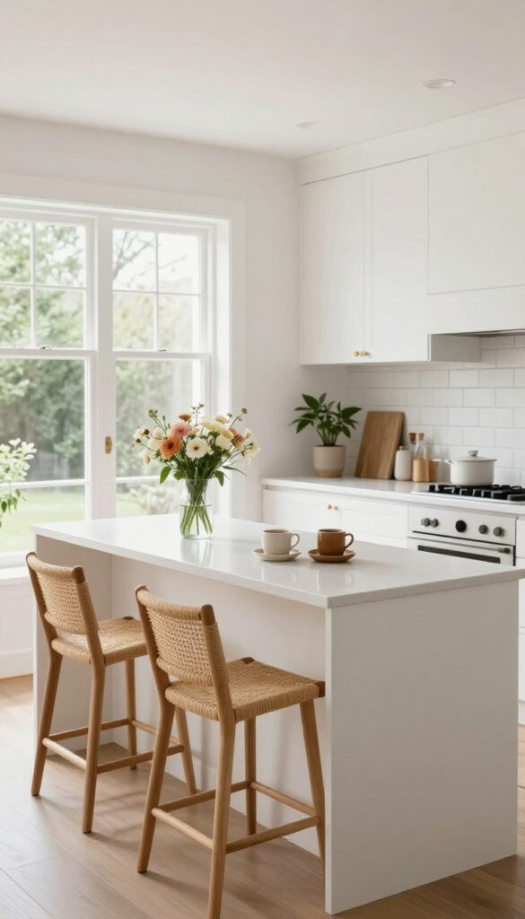 Modern kitchen with a breakfast bar and wooden counter stools in natural light