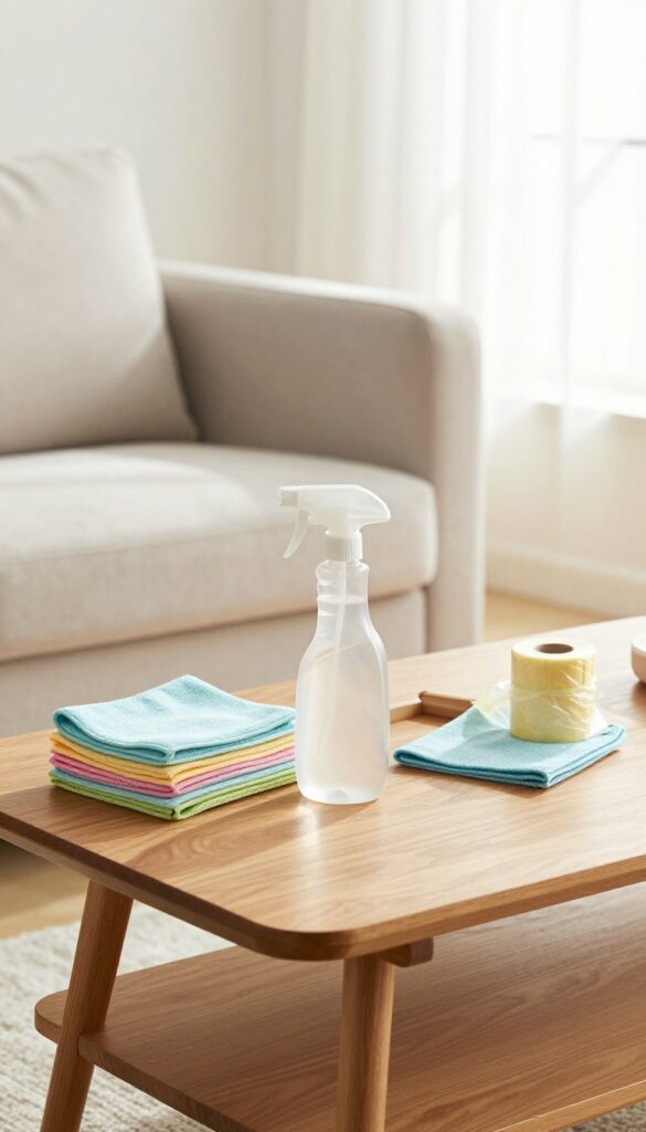 A cleaning caddy stocked with supplies placed on a coffee table in a bright living room, ready for quick cleanups.
