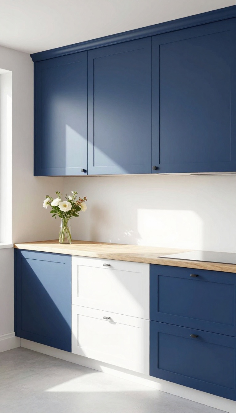 Kitchen with navy upper cabinets and white lower cabinets, natural light, fresh flowers on counter